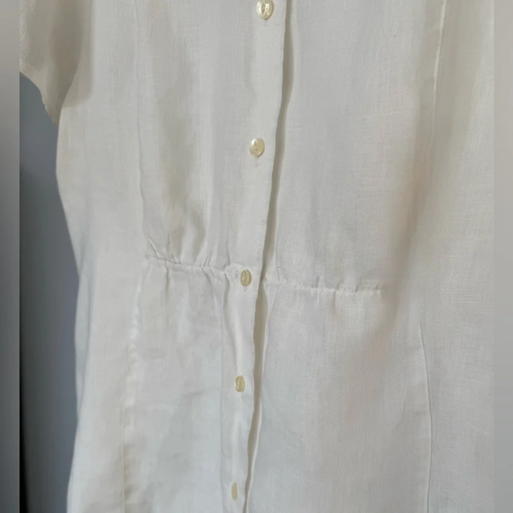 J.Jill 100% Linen Collared Button Down Cinched Short Sleeve White Top Size Large - Picture 5 of 11